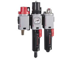 Excelon Plus filtre/regülatör ve yağlayıcı kombinasyon ünitesi, G3/8, otomatik tahliye, kapatma vanası, gösterge ve braketlerle birlikte