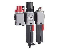 Excelon Plus filtre/regülatör ve yağlayıcı kombinasyon ünitesi, 1/4 PTF, manuel tahliye, kapatma vanası, gösterge ve braketlerle birlikte