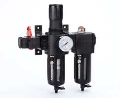 Excelon filtre/regülatör ve yağlayıcı kombinasyon ünitesi, G1/2, manuel tahliye, 40 µm filtre elemanı, kapatma vanalı, göstergeli ve braketli