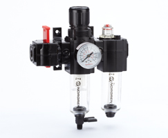 Excelon filtre/regülatör ve yağlayıcı kombinasyon ünitesi, G1/4, manuel tahliye, 40 µm filtre elemanı, kapatma vanalı, göstergeli ve braketli