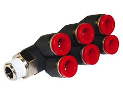 Pneufit C geçmeli bağlantı parçası, 3x branşman adaptörü, dirsek, R1/8, 10mm