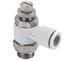 Pneufit E flow regulator (out), banjo, elbow, G3/8, 8mm