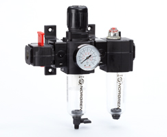Excelon filtre/regülatör ve yağlayıcı kombinasyon ünitesi, G3/8, manuel tahliye, 40 µm filtre elemanı, kapatma vanalı, göstergeli ve braketli