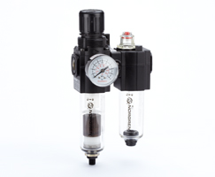 Excelon filtre/regülatör ve yağlayıcı kombinasyon ünitesi, G1/4, otomatik tahliye, 40 µm filtre elemanı, kapatma vanası, gösterge ve braketler olmadan