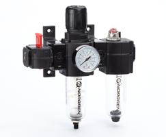 Excelon filtre/regülatör ve yağlayıcı kombinasyon ünitesi, G3/8, otomatik tahliye, 40 µm filtre elemanı, kapatma vanalı, göstergeli ve braketli