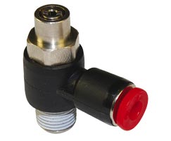 Pneufit C flow regulator (out), shrouded banjo, elbow, R1/8, 6mm