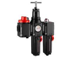 Aşırı sıcaklık uygulamaları için Excelon Plus filtre/regülatör ve yağlayıcı kombinasyon ünitesi, G3/4, otomatik tahliye, kapatma vanası, gösterge ve braketlerle birlikte